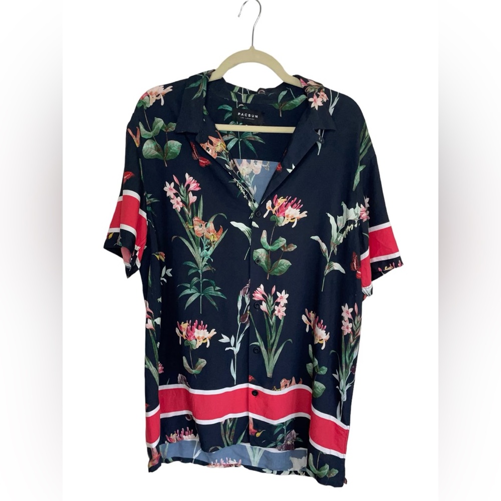 Pacsun Shirt Mens Medium Hawaiian Navy Blue Floral Red Stripe Soft Rayon